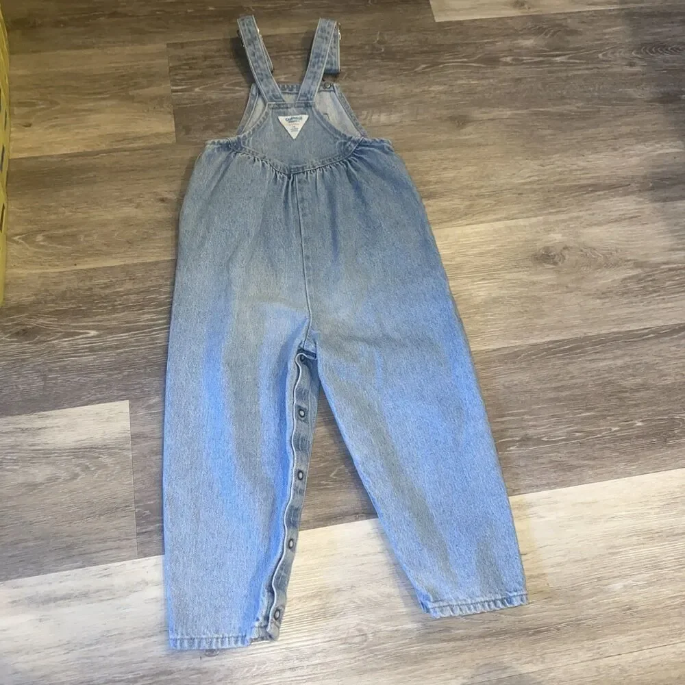VTG OshKosh B’gosh Overalls 4T Pink Patch Snap Leg Blue Denim Bib Pants Toddler